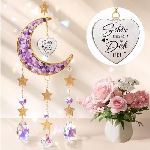 Mond & Sonnenfänger Kristall Windspiel mit Gravur - 'Schön, DASS es Dich gibt' Botschaft,Premium Garten Deko für Geburtstag - Geschenkideen für Frauen& Schwester/Mama