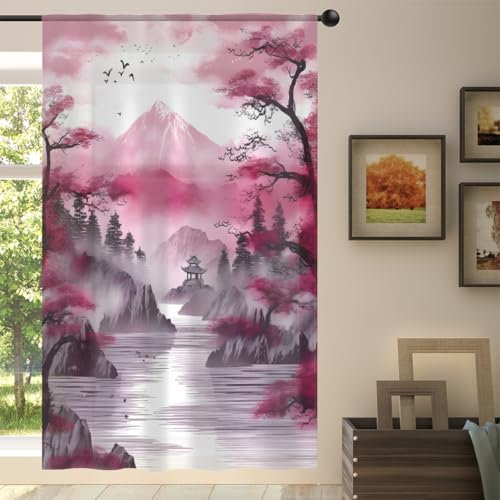 Mexpekil Rideaux semi-transparents en voile japonais Fuji Moutain pour salon, chambre à coucher, cuisine, 140 cm de large, 1 panneau