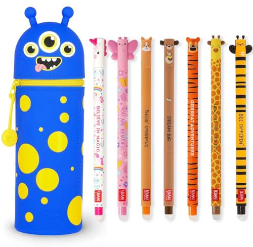 LEGAMI - Set of 7 Erasable Gel Pens + 2-in-1 Pencil Case Pen Pot - with Thermosensitive Erase Ink, Range of ink colours & barrel designs, 0.7mm Tip (Monster)