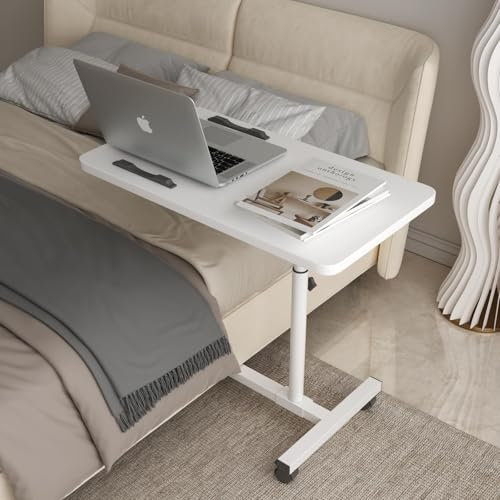 WUDLEP Adjustable Overbed Bedside Table with Wheels, Hospital Table Over Bed for Home Use, Laptop Desk with Wheels, White