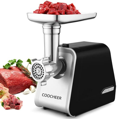 COOCHEER Hachoir à Viande Électrique 2000W, Multifonction avec 3 Disques de Broyage, Accessoire à Saucisses, Accessoire pour Viande, Légumes, Pâtisserie