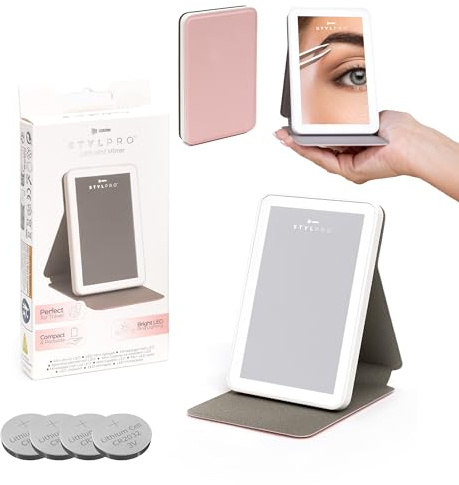 stylPro LED-Mini-Reise-Schminkspiegel mit Licht - Tragbar, kompakt, einstellbares LED-Licht, 2 in 1 Ständer & Etui - Ideal für Reisen, Urlaub & Handtaschen