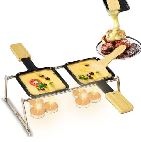 Kosmosta Portable Mini Cheese Raclette Set for 2 Persons, 2 Non-Stick Grill Pans with Bamboo Handles, 2 Bamboo Spatulas, Metal Foldable Rack, for Camping, Picnics, BBQs & Outdoor Tabletop Cooking