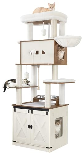 Hzuaneri Arbre à Chat avec Meuble Litiere Chat, Mangeoire, Hauteur 173 cm, avec Grande Plateforme, Corde en Sisal, Hamac, Coussin Lavable, Balles en Peluche, Blanc et Marron CB89014WT