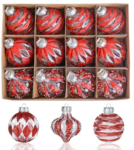 Weihnachtskugeln Rot 16 Stück 8CM,3 Designs Transparente Christbaumkugeln Kunststoff Weihnachtsdeko,Bruchsichere Weihnachtsbaum Bälle Dekorationen für Weihnachten-Traditionellen Weihnachtsschmuck