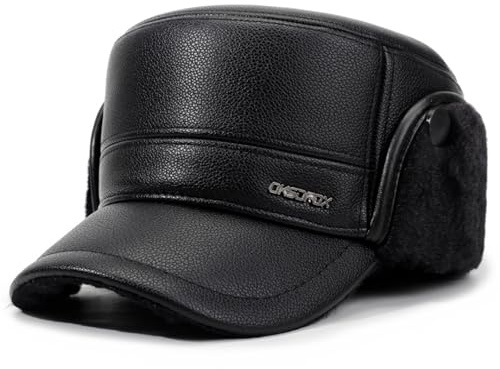 Casquette Cuir PU Homme avec Cache-Oreilles Rabattables Casquette d'hiver Chaud avec Doublé Fourrure Casquettes Militaire Plate Épaississement Chapeau Trappeur Anti-Froid pour La Pêche Randonnée
