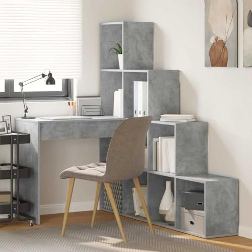 Mandloder Eckschreibtisch Betongrau mit Regalablage, 101,5x149,5x149,5 cm, moderner Winkel-Computertisch für Heimbüro, platzsparende Schreibtischlösung aus Holzwerkstoff