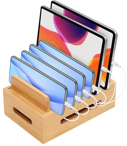 Ladestation aus Holz für Mehrere Geräte, Handy-Dock Tragbarer Tablethalter Handystation Telefonhalter Schreibtisch-Dockingstation Aufbewahrungshalter 12 x 19 x 9 cm