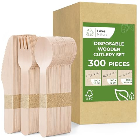 Love Nature Einwegbesteck Set 300 Stück - Holzbesteck Einweg | 100x Gabeln, 100x Messer, 100x Löffel Besteck Biologisch Abbaubar für Party, Grillen, Picknick, Events