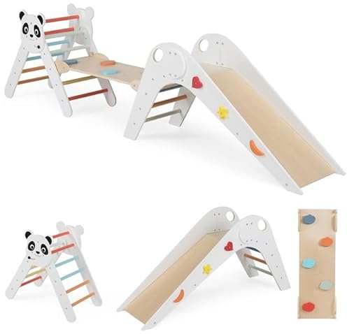 COSTWAY Kletterdreiecke Indoor 3er Set, klappabres Kletterdreieck mit Rutsche, Rampe, Kletterleiter, inkl. Baustein Set, Klettergerüst Holz, Sprossendreieck für Kinder ab 3 Jahr (Bunt)