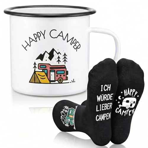 Jadive 2 Stücke Camping Geschenke 1 Camping Emailletasse 1 Paar Camper Socken Wohnwagen Camper Tasse Emaille-Weiß-Schwarz Standard Lustige für Valentinstag Geburtstag Weihnachten (Wunderschön)