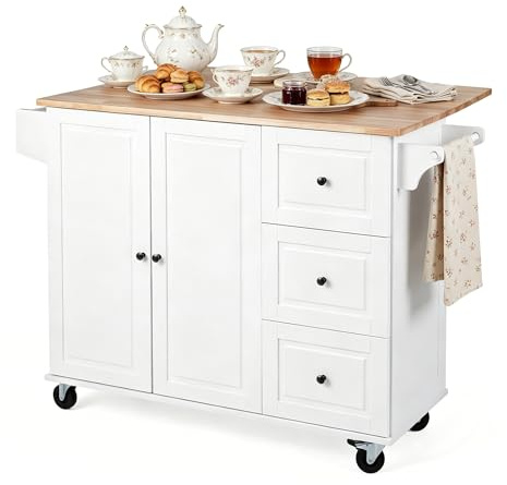 GIANTEX Isla de Cocina Móvil con ala Abatible, Carrito de Cocina con Ruedas, 3 Cajones, Armario, Estantes Ajustables, Toallero y Encimera de Madera de Caucho, Mueble Auxiliar para Comedor, Salón