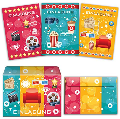 JuNa-Experten 12 Einladungskarten incl. 12 Umschläge Kindergeburtstag für Mädchen Jungen Kino-Party (4 x blau, 4 x pink, 4 x gelb) / bunte Einladungen zum Geburtstag/Geburtstagseinladungen