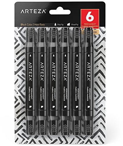 ARTEZA Fabric Pens for T-Shirts, Black, Pack of 6, Permanent & Machine Washable, Dual-Tipped, for Jeans, Sneakers, Backpacks, Jackets & More