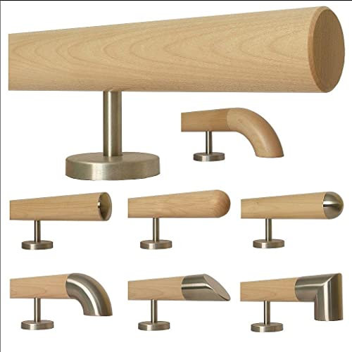 Madera de arce escalera pasamanos mango recto soporte de acero inoxidable, longitud 30-500 cm de una pieza/ejemplo: 110 cm con 2 soportes biselados