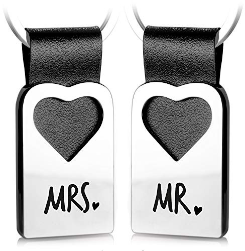 FABACH Porte-clés en forme de cœur avec gravure en cuir,Cadeau pour mariage, mariage, cadeau pour couple de mariés, cadeau de couple,Mr. Mrs., Noir , Noir, Porte-clés
