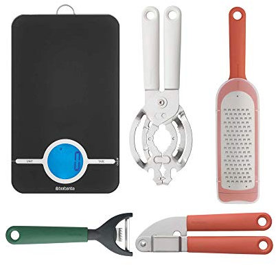Brabantia Ice Cream Scoop + Garlic Press + Universal Tin/Can Opener + Digital Kitchen Scales + Coarse Grater Plus Cover + Food Peeler Y Shaped Plus Zester