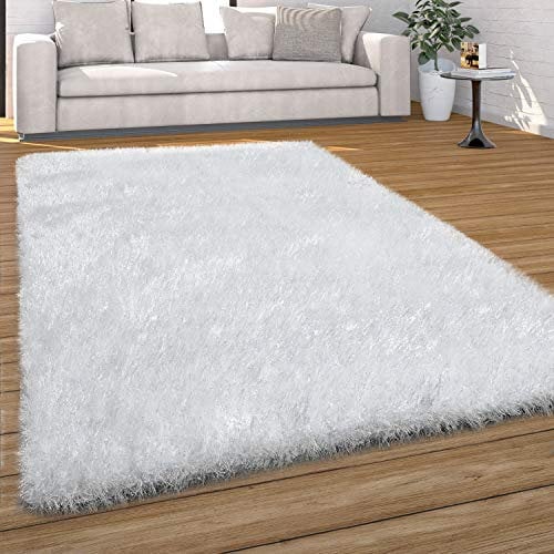 Paco Home Hochflor Teppich Wohnzimmer Schlafzimmer Shaggy Weich Modern Pastell Einfarbiges Design, Grösse:160x230 cm, Farbe:Weiß
