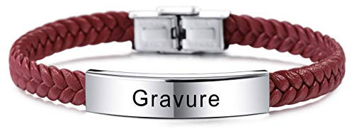 MeMeDIY Nom Bracelet Bracelets Personnalisés Pour Femmes Bracelets Personnalisés Pour Garçons Hommes Filles Acier Inoxydable Véritable Cuir Gravure Tressé Manchette Réglable (Couleurs Rouges)