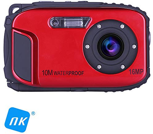 NK Compact Digital Aquatic Camera Waterproof 16 MP FHD 720p, Optical Zoom X1 Digital X8, Screen 2.7 Inches, Face Detection, Digital Stabilizer, Photo-Video, Red (Water Resistant 10 Metres)