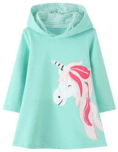 JinBei Mädchen Kapuzenkleid Kinder Einhorn Pailletten Langarm Kapuzenpullover Baumwolle Freizeit Hoodie Pullover Sweatshirt Kleid Grün Tops Herbst 3-4 Jahre