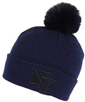 Mütze mit Bommel NY Marineblau und Schwarz aus Wolle, Fashion Katzy – Unisex Gr. Einheitsgröße, blau
