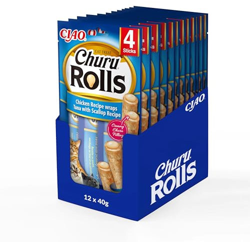 INABA Churu Rolls mit 40% Hühnerfleisch und 32% Thunfisch Katzenleckerlis | Getreidefrei, Zuckerfrei, Keine Nebenerzeugnisse Katzensnacks | Perfekt zum Verstecken von Tablette 40 g (12er Pack)