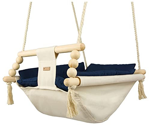 Babyschaukel Kleinkindschaukel Babyliegeschaukel Stoffschaukel Babywippe Wiege (Muster: cremefarben, dunkelblau)