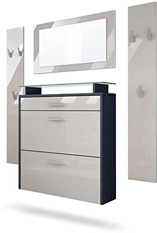 Vladon Garderobe Malea, Garderobenset bestehend aus 1 Hängeschuhschrank, 1 Wandspiegel und 2 Garderobenpaneele, Anthrazit matt/Sandgrau Hochglanz