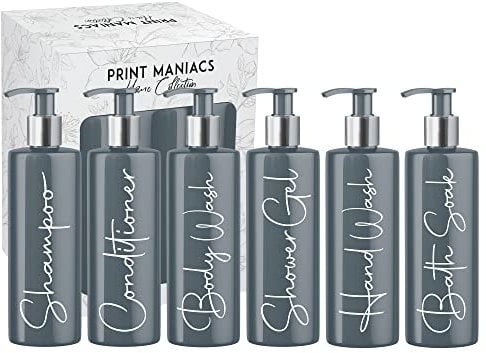 Print Maniacs Grey Mrs Hinch Inspired Personalised 500ml Pump Bottles Bathroom Lotion Kitchen Set Shampoo Conditioner Body Wash F2 (White, Set of 6)