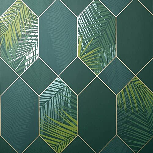 Rouleau complet de papier peint vert doré Miami jungle tropicale géométrique métallique