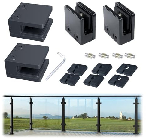 Muzata 4Pack Black Glass Clamp for Glass Thickness 5/16-1/2(8mm-12mm) Stainless Steel Heavy Duty 1 3/4 x 1 3/4 Square Glass Railing Clamp Glass Balustrade Post, GA04 BP4