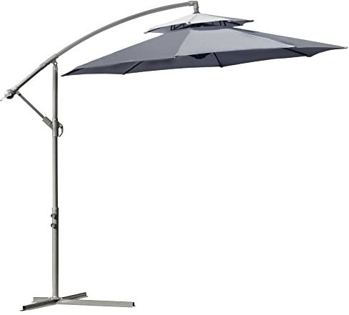 Outsunny 2.7m Garden Banana Parasol Cantilever Umbrella with Crank Handle, Double Tier Canopy and Cross Base for Outdoor, Hanging Sun Shade, Dark Grey