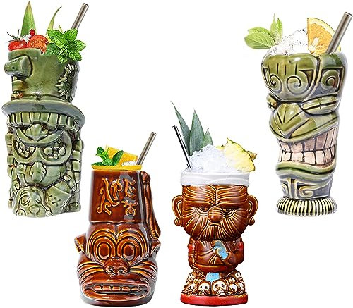 NUACOS Tiki Becher Set 4er - Tiki Bar Deko Cocktailgläser - Tiki Tassen - Hawaii Deko - Keramik Tiki Mugs für Cocktail Party Bar Zubehör Partydekoration