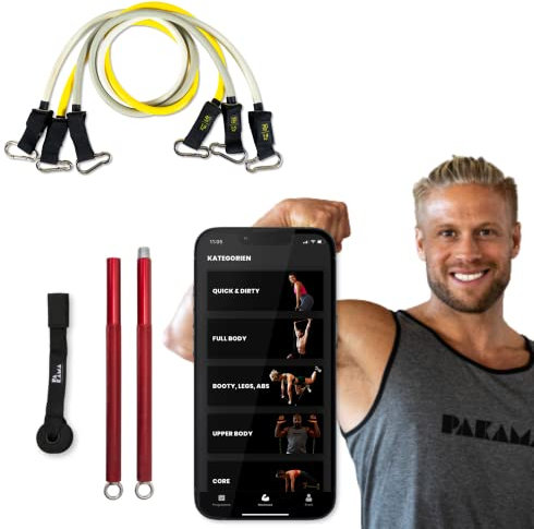 PAKAMA - Premium Widerstandsbänder Set inkl. Langhantel-Stange (Bar) für Home Workout & Krafttraining Zuhause - Resistance Bands in 14kg, 16kg und 18kg - Fitness-Bänder für bis zu 100kg Widerstand