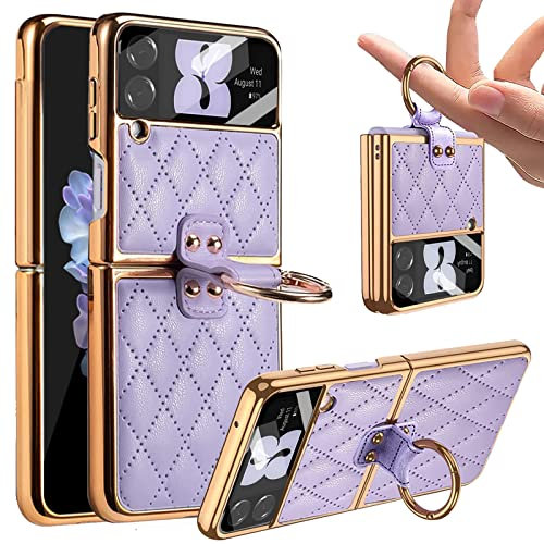 Miimall Custodia in Pelle Compatibile con Samsung z Flip 4, Cavalletto ad Anello Rotante, Telaio Antiurto Elettrodepositato con Pellicola Protettiva per Fotocamera HD, Case a Rombo per Flip 4, Viola