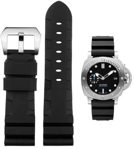 FOUUA Uhrenarmband Gummi Armband 22mm 24mm PANERAI Uhrenarmband Wasserfest Gummi Gebürstete Edelstahl Silber Schnalle Ersatzband kompatibel mit Panerai Unisex
