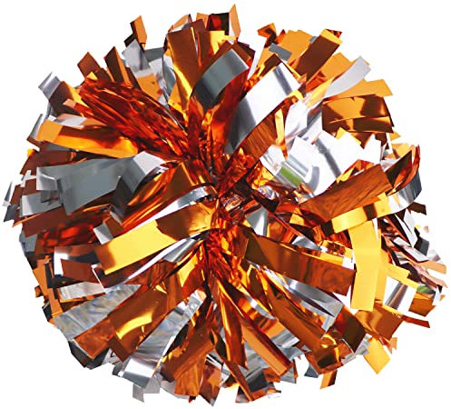 Gbateri 2 Stück metallische Cheerleader-Pompons mit Schlagstock-Griff, 15,2 cm, Cheerleader-Pom-Poms, Cheerleader-Poms für Kinder und Erwachsene, Teamgeist, Sport, Tanz, Jubeln (Orange und Silber)