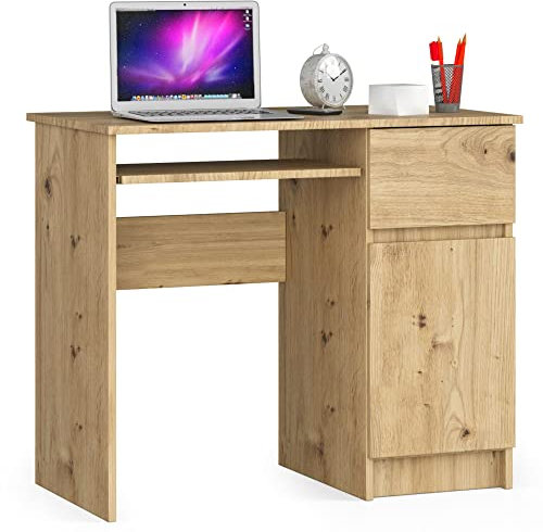 AKORD Piksel Schreibtisch Klein mit Schubladen | Computertisch | Bürotisch mit Tastaturablage | Holz Deko | B90 x H77 x T50 cm 30 kg | Schrank Rechts | Farbe: Kunsthandwerkliche Eiche