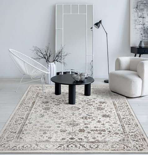 the carpet Mila - moderner Kurzflor Teppich, Wohnzimmer, Schlafzimmer, Eleganter Glanz, Glanzfaser, Hoch-Tief Effekt, Bordüre, Creme, 160 x 230 cm