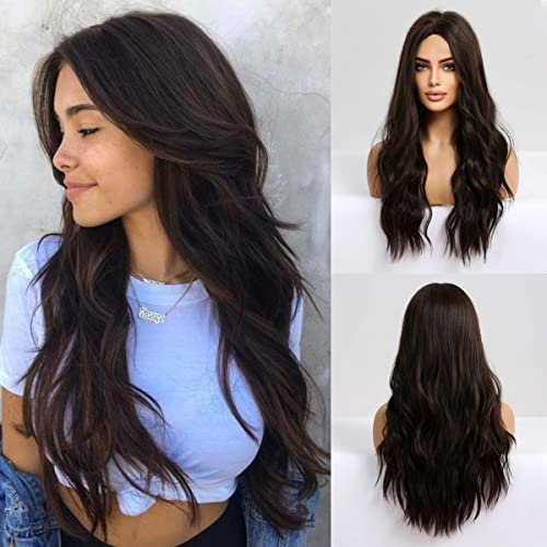 HAIRCUBE Lange Schwarz Dunkel Braun Perücke Natürliche synthetische, wellenförmige Perücke mit mittlerem Teil voller Perücken für frauen natürliche tägliche Verwendun