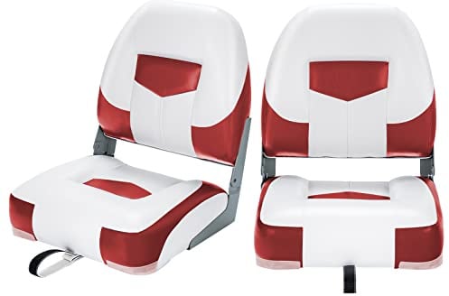 COSTWAY Set of 2 Foldable Boat Chairs, UV Weather Resistant Fishing Seat with Long Fixation Strap, Ergonomic Backrest and Thicken Foam, 50x43x52cm (Red+White)