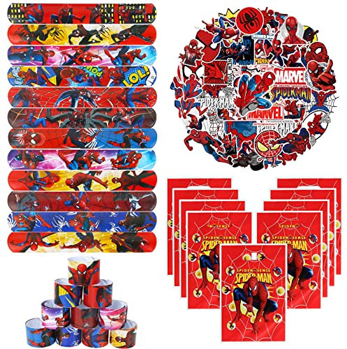 GUBOOM 72 pezzi Feste Spiderman - Bomboniere, 10 Sacchetti Regalo, 12 Braccialetti Slap, 50 Adesivi, Regali Compleanno