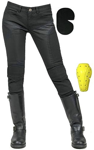 HOMDECR Pantalones De Moto para Mujer,Kevlar Vaqueros De Motociclista Elástico Carreras Senderismo Pantalones con Bolsillos Y 4 Almohadillas Protectoras Desmontables (XXS)
