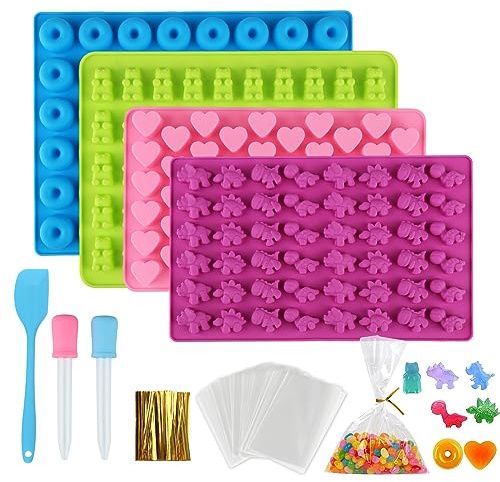 4 Stück Gummibärchen Form, Bonbon Formen Silikon mit 2 Pipetten, Silikonform Gummibärchen, Bonbonform Silikon für Süßigkeiten, Gelee, Schokolade