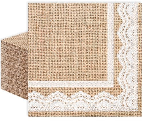 Whaline Cocktail-Servietten aus Jute, rustikal, bedruckt, 3-lagig, naturbraun, weiß, Spitze, rustikale Einweg-Servietten für Hochzeit, Geburtstag, Bauernhaus-Party, 12,7 x 12,7 cm, 100 Stück