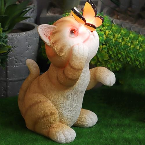 Starnearby Gartendeko Katze Deko Gartenfiguren mit Solar Laterne, Wetterfest Solarlampen für Außen, Balkon, Garten, Katze Top Schmetterling Gartenstatuen, Geschenke für Mama, Frauen, Männer, Hellbraun