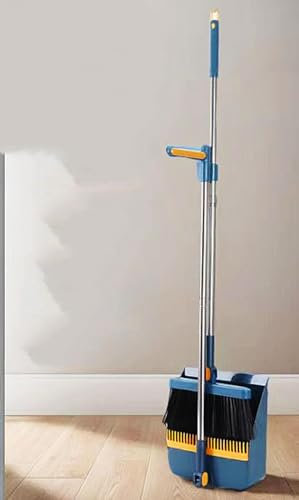 NIBHZ Broom and Dustpan Set, Light Weight Stainless Steel Poles Stand Upright Dustpans with Broom Combo for Home Kitchen Office Pet Dog Hair,Blue