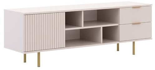 Mirjan24 TV Schrank Nohes NE06, Fernsehschrank mit 4 offene Fächer, 2 Schubladen und Tür, Füße und Griffe aus Metall, grifflose Öffnungssystem, Schubladen mit Bremse (Cashmere)
