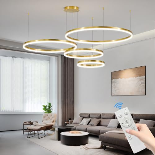 Mikeru Dimmbare Hängende Pendelleuchten 4 Ring, 30+40+60+80cm Schwarze Moderne LED-Küchen Pendelleuchte 10% Bis 100% 3000k/4500k/6500k Moderne Einstellbare Deckenleuchten für Wohnräume